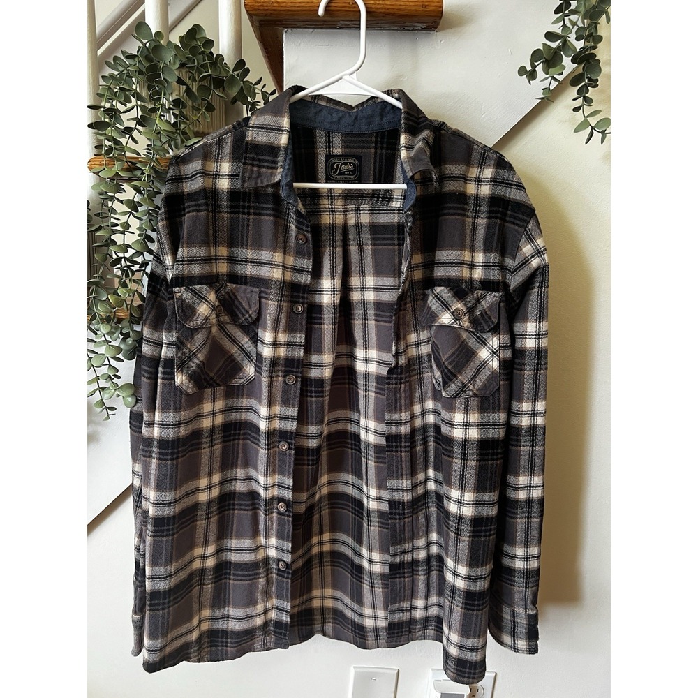Flannel Plaid Long Sleeve Button Down Shirt Large Jachs MFG Men's Gray Black Tan